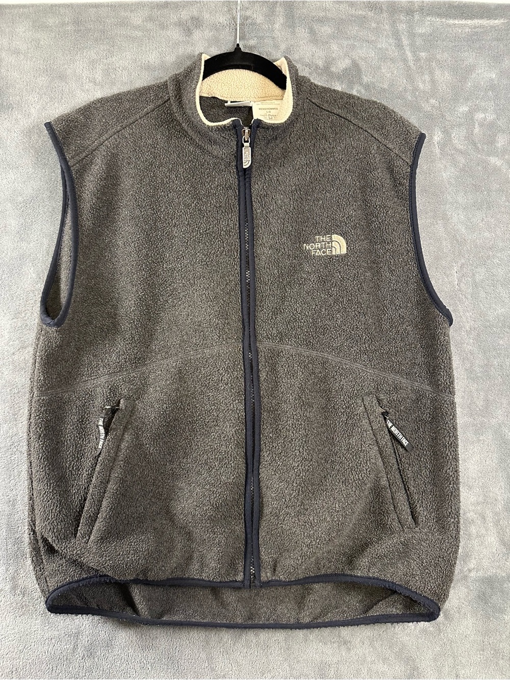 The North Face Men's Vintage Charcoal Gray Fleece Vest with Cream Logo Trim